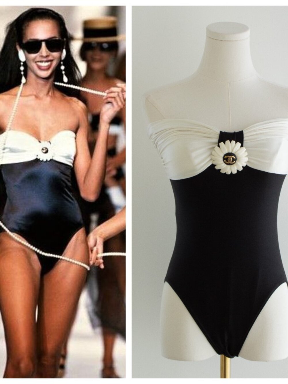 Chanel Vintage S/S 1990 Black White Flower Bodysuit Onepiece Swimsuit